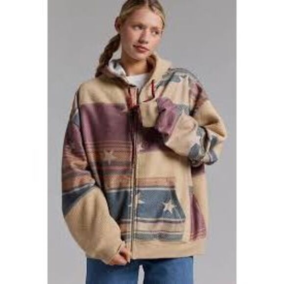 BDG by Urban Outfitters Hunter Patchwork Fleece Zip Up Hoodie Sweatshirt in Blan - Picture 2 of 8
